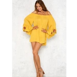 Feathers Embroidered Bell Sleeve Off The Shoulder Mini Boho Dress